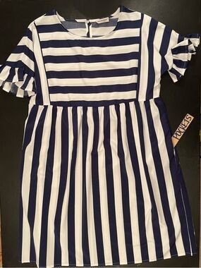 Striped Navy and White Casual Women's Dress with Ruffle Sleeves
